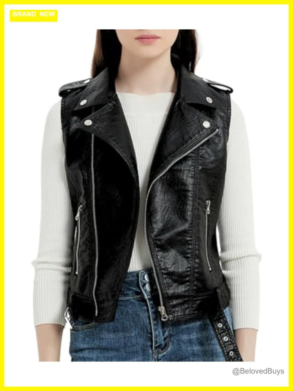 Women's Faux Leather Motorcycle Biker Vest - Sleeveless, Zip Front, Adjustable